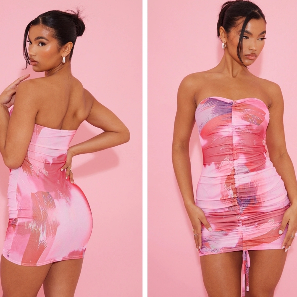 Pretty Little Thing Pink Abstract Mesh Ruched Bandeau Bodycon Mini Club Dress